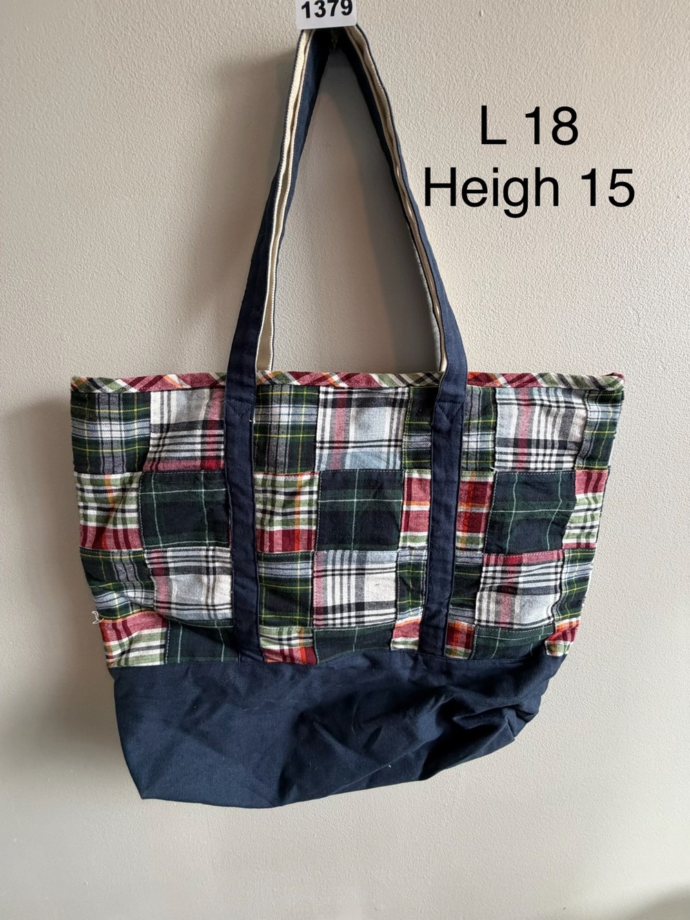 Patchwork Plaid Canvas Tote Bag Navy Multicolor Cottage Preppy Shoulder Bag